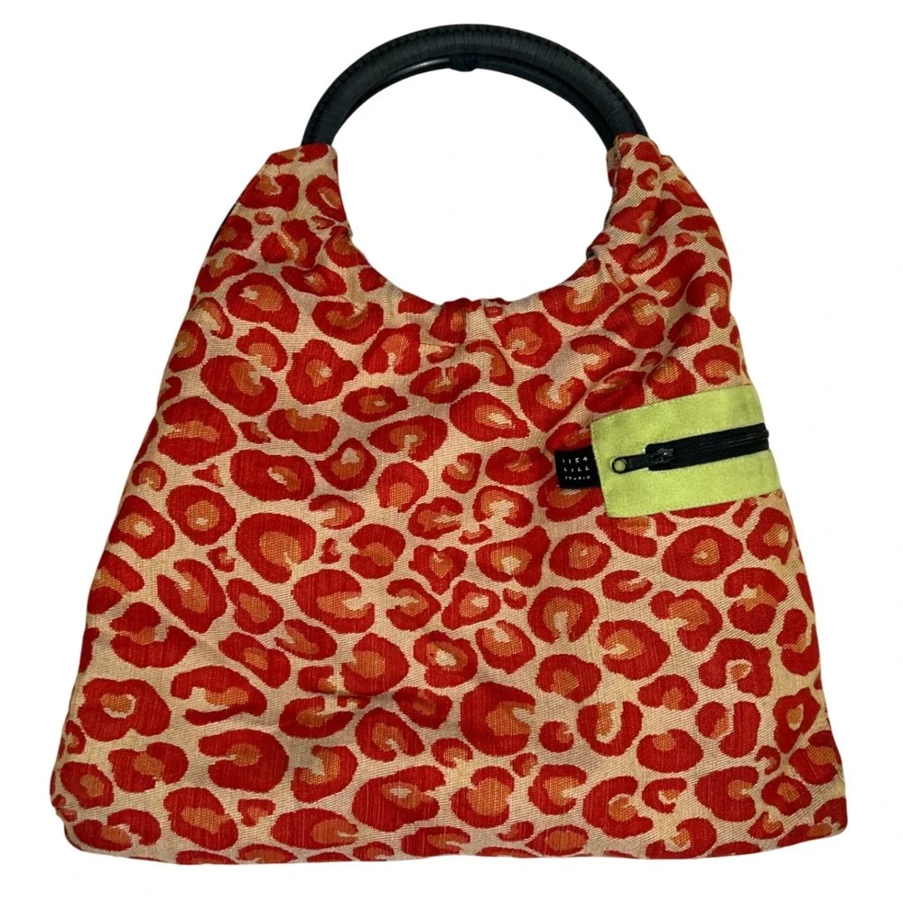 Orange Red Leopard Print Tapestry Hobo Bag Round Handles Boho Funky Maximalist‎